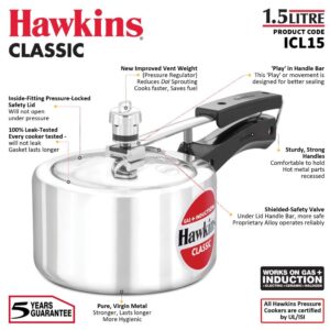Hawkins Aluminium Classic 1.5 Litre Pressure Cooker with Mirror Polished Pack of 1