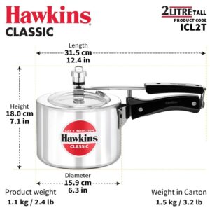 Hawkins Aluminium Classic 2 Litre Pressure Cooker with Mirror Polished Pack of 1