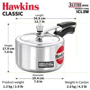 Hawkins Aluminium Classic 3 Litre Pressure Cooker with Mirror Polished Pack of 1