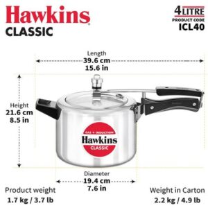 Hawkins Aluminium Classic 4 Litre Pressure Cooker with Mirror Polished Pack of 1