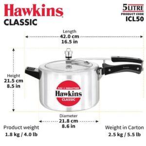 Hawkins Aluminium Classic 5 Litre Pressure Cooker with Mirror Polished Pack of 1